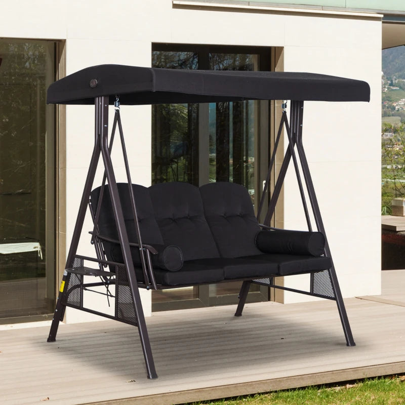 3 Seater Canopy Cushion Shelter Outdoor Bench Black - Swing Chair Hammock Chair-Twilight Gardens