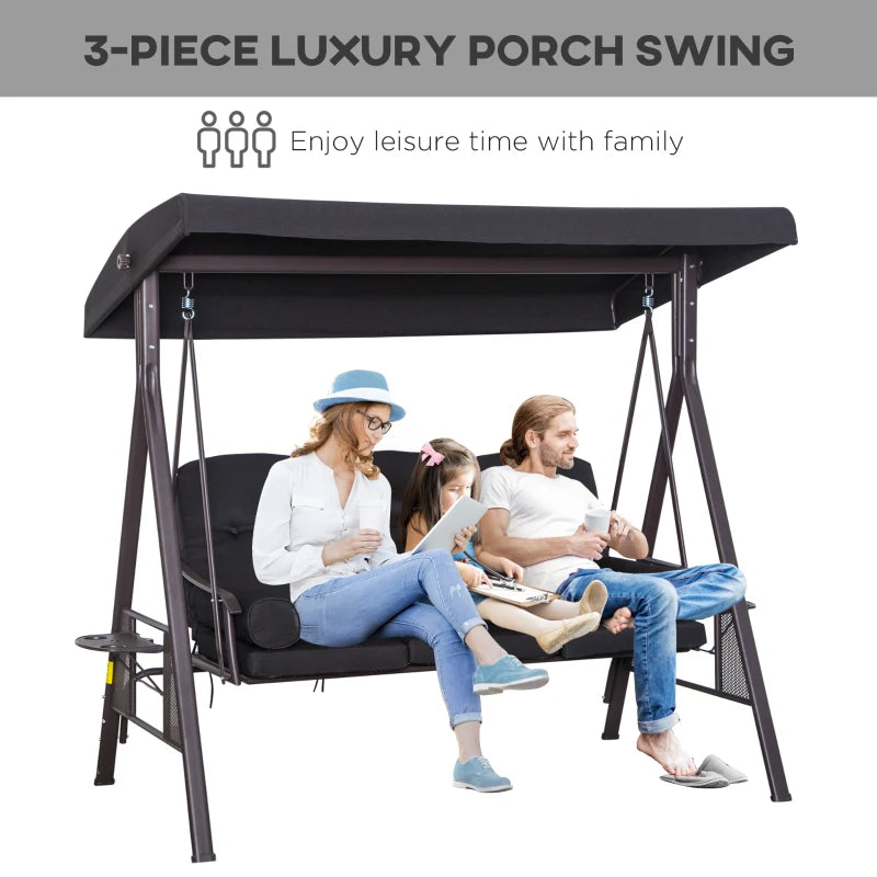 3 Seater Canopy Cushion Shelter Outdoor Bench Black - Swing Chair Hammock Chair-Twilight Gardens