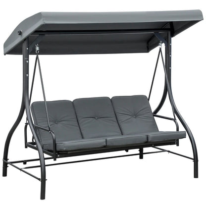 3 Seater Canopy Swing Chair, 2 in 1 Garden Swing Seat Bed, with Adjustable Canopy and Metal Frame, Dark Grey-Twilight Gardens