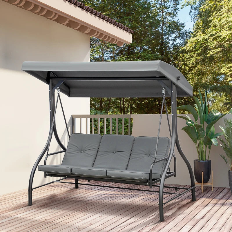 3 Seater Canopy Swing Chair, 2 in 1 Garden Swing Seat Bed, with Adjustable Canopy and Metal Frame, Dark Grey-Twilight Gardens