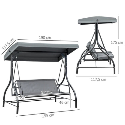 3 Seater Canopy Swing Chair, 2 in 1 Garden Swing Seat Bed, with Adjustable Canopy and Metal Frame, Dark Grey-Twilight Gardens