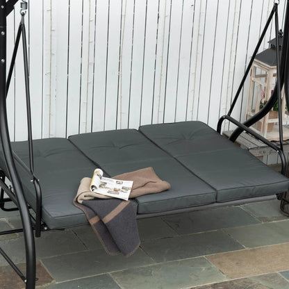 3 Seater Canopy Swing Chair, 2 in 1 Garden Swing Seat Bed, with Adjustable Canopy and Metal Frame, Dark Grey-Twilight Gardens