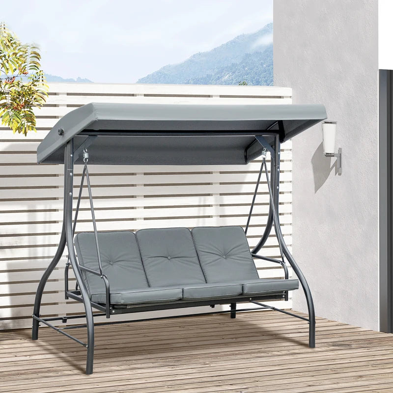 3 Seater Canopy Swing Chair, 2 in 1 Garden Swing Seat Bed, with Adjustable Canopy and Metal Frame, Dark Grey-Twilight Gardens