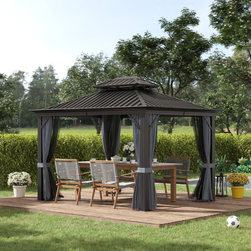 3.7 x 3(m) Outdoor Hardtop Gazebo Canopy Aluminum Frame with 2-Tier Roof & Mesh Netting Sidewalls for Patio, Grey