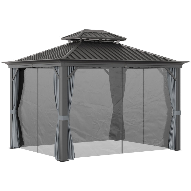 3.7 x 3(m) Outdoor Hardtop Gazebo Canopy Aluminum Frame with 2-Tier Roof & Mesh Netting Sidewalls for Patio, Grey