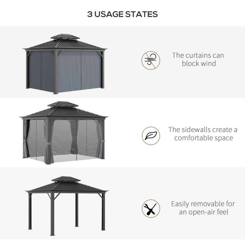 3.7 x 3(m) Outdoor Hardtop Gazebo Canopy Aluminum Frame with 2-Tier Roof & Mesh Netting Sidewalls for Patio, Grey