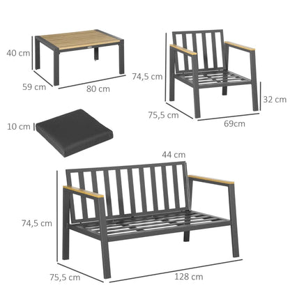 4 Piece Garden Sofa Set with Padded Cushions, 4-Seater Aluminium Outdoor Conversation Furniture Set with Coffee Table, Grey-Twilight Gardens