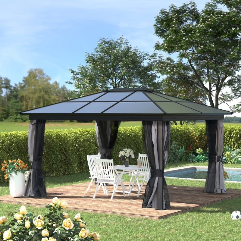 4 x 3.6m Hardtop Gazebo with UV Resistant Polycarbonate Roof & Aluminium Frame, Garden Pavilion with Mosquito Netting and Curtains