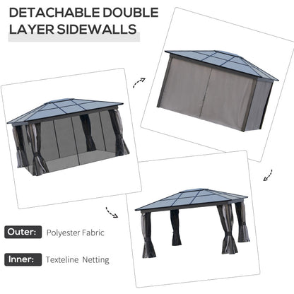 4 x 3.6m Hardtop Gazebo with UV Resistant Polycarbonate Roof & Aluminium Frame, Garden Pavilion with Mosquito Netting and Curtains