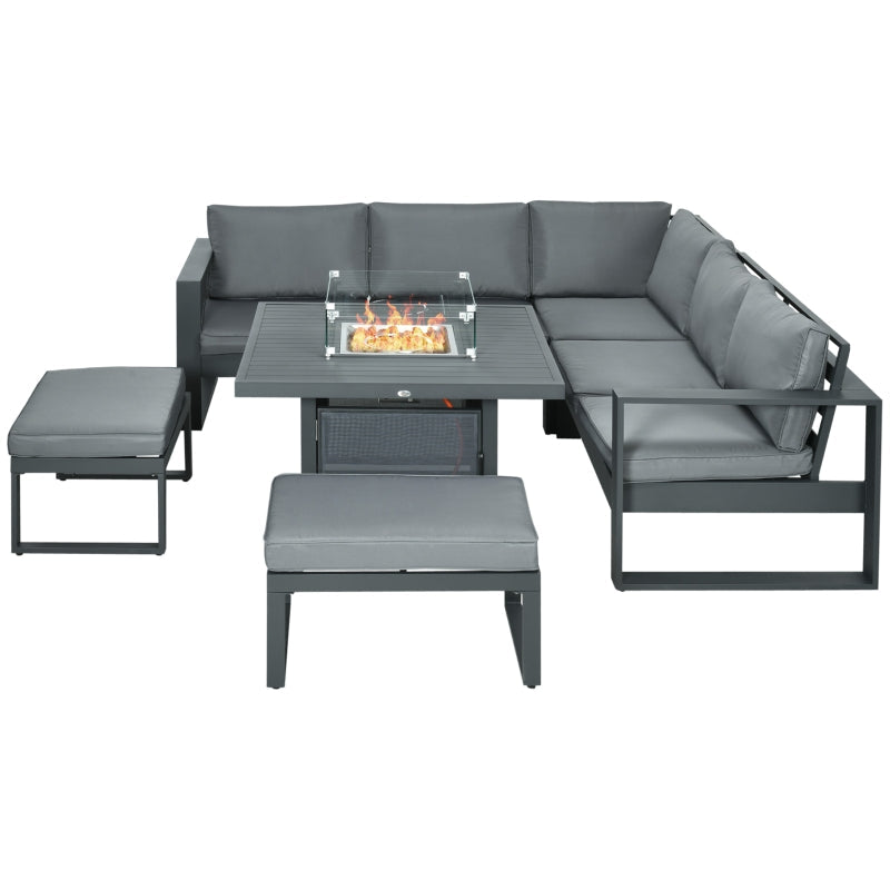 6-Piece Aluminium Garden Furniture Set, Outdoor Conversational Corner Sofa Loveseat Footstool Sectional with Gas Fire Pit Table for Yard Grey