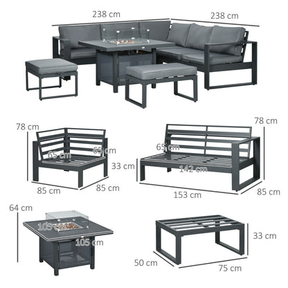 6-Piece Aluminium Garden Furniture Set, Outdoor Conversational Corner Sofa Loveseat Footstool Sectional with Gas Fire Pit Table for Yard Grey