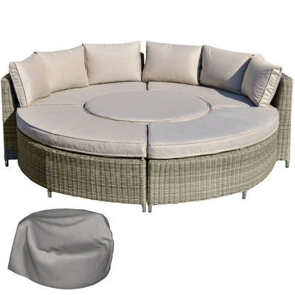 6-Seater Outdoor PE Rattan Patio Furniture Set Lounge Chair Round Daybed Liftable Coffee Table Conversation Set w/ Olefin Cushion, Grey