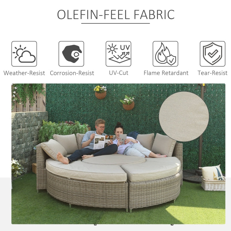 6-Seater Outdoor PE Rattan Patio Furniture Set Lounge Chair Round Daybed Liftable Coffee Table Conversation Set w/ Olefin Cushion, Grey