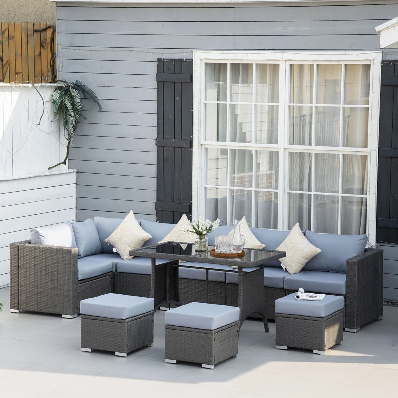 9-Seater Garden Rattan Furniture 10 Pcs Rattan Corner Dining Sofa Set, Grey/Dusty Blue Cushion-Twilight Gardens