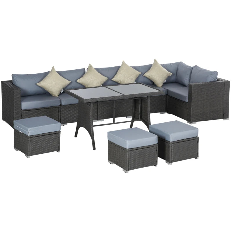 9-Seater Garden Rattan Furniture 10 Pcs Rattan Corner Dining Sofa Set, Grey/Dusty Blue Cushion-Twilight Gardens