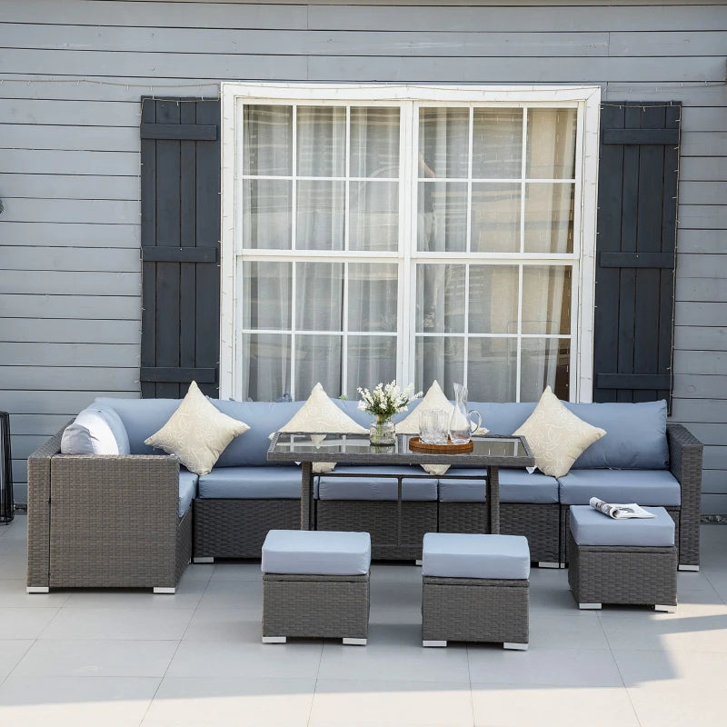 9-Seater Garden Rattan Furniture 10 Pcs Rattan Corner Dining Sofa Set, Grey/Dusty Blue Cushion-Twilight Gardens