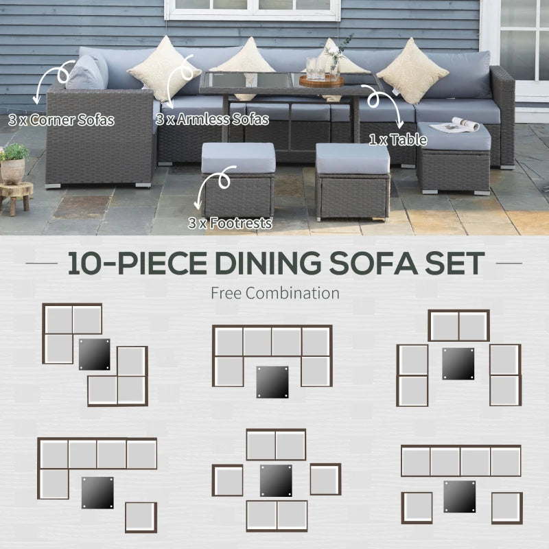 9-Seater Garden Rattan Furniture 10 Pcs Rattan Corner Dining Sofa Set, Grey/Dusty Blue Cushion-Twilight Gardens