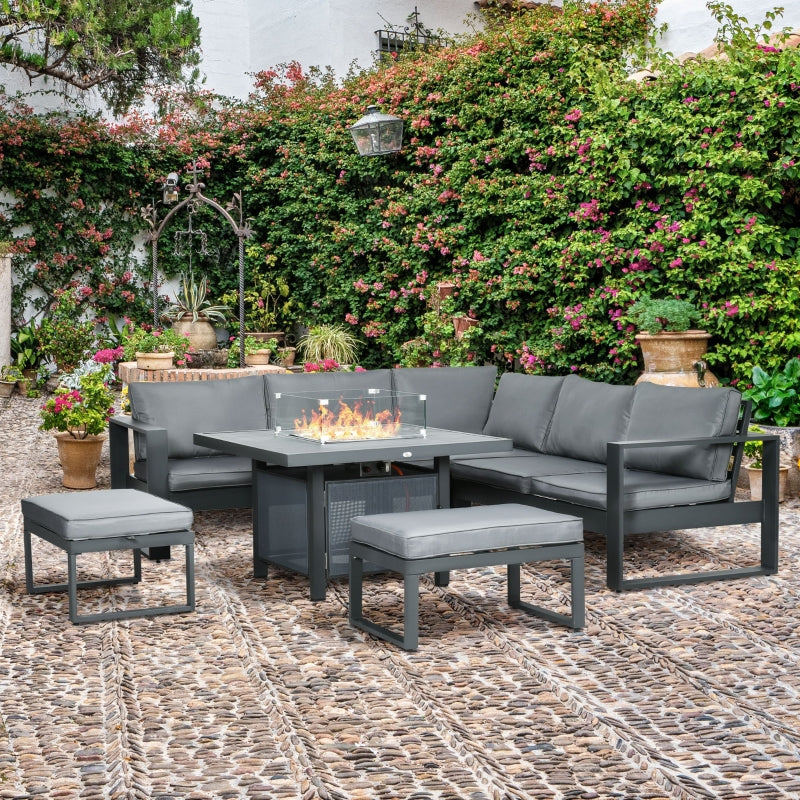 6-Piece Aluminium Garden Furniture Set, Outdoor Conversational Corner Sofa Loveseat Footstool Sectional with Gas Fire Pit Table for Yard Grey