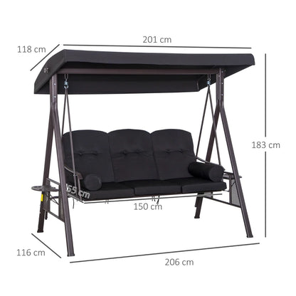 3 Seater Canopy Cushion Shelter Outdoor Bench Black - Swing Chair Hammock Chair